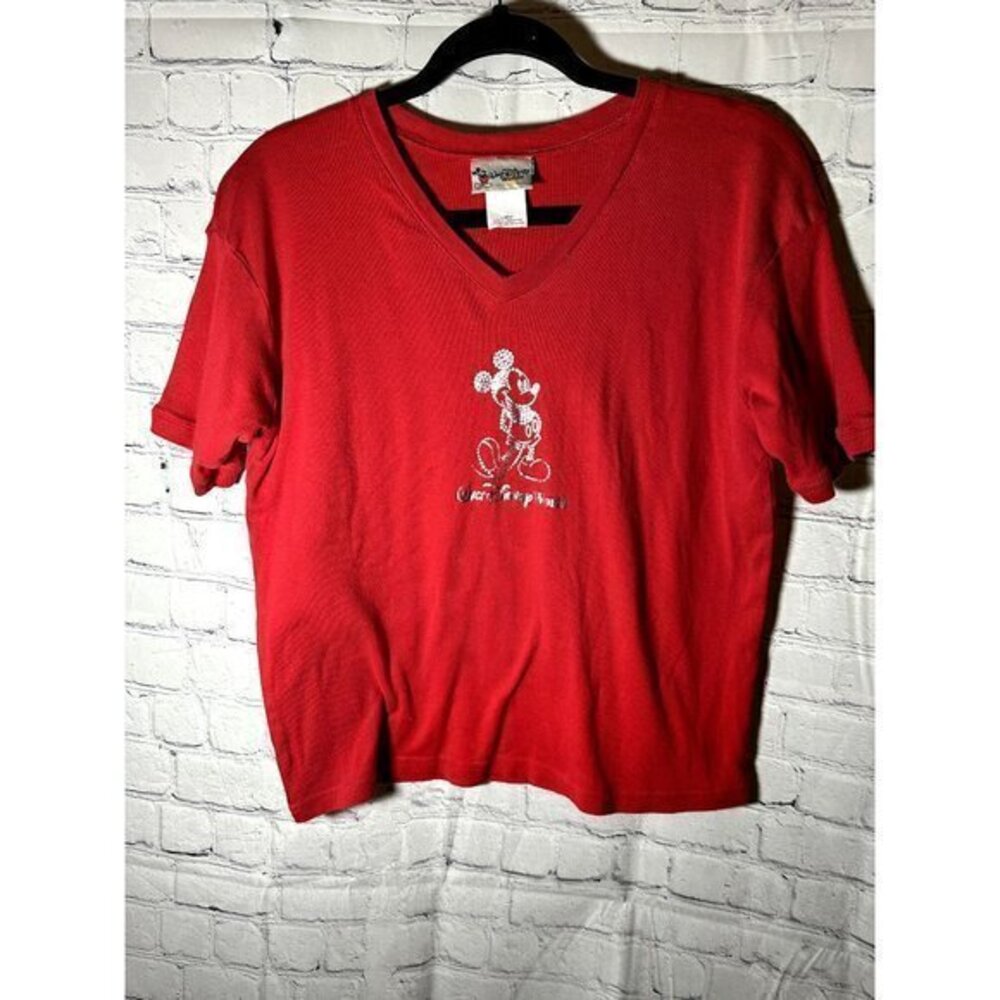 DISNEY VINTAGE LABEL LADIES RED WITH SILVER MICKEY T-SHIRT SZ (L) EUC G-299